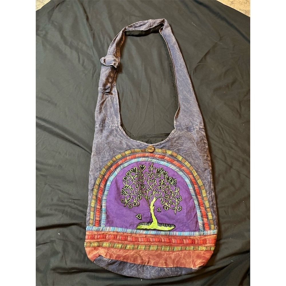Kathmandu Womens Boho Hippie Crossbody Hobo Bag Blue Gray Patchwork Tree of life